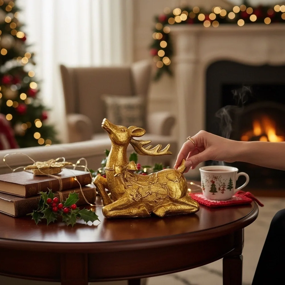 Gold Sitting Reindeer Decorative Holiday/Christmas Figurine GUC
